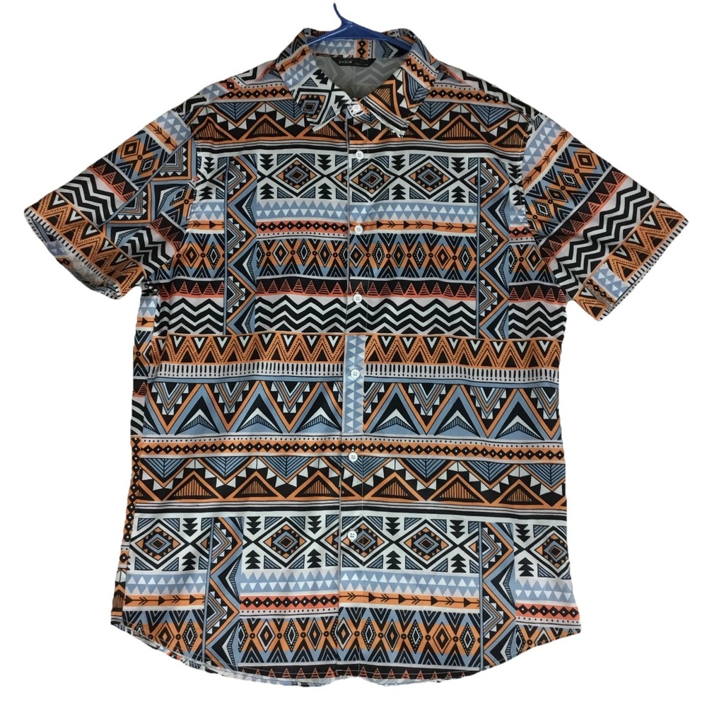 SHEIN Mens XL Short Sleeve Button Front Geometric Aztec Tribal Print Shirt Blue